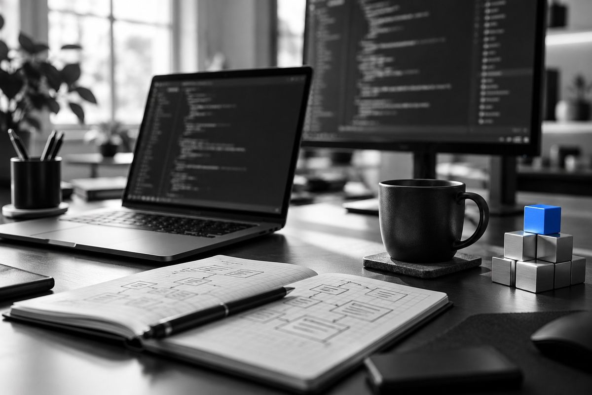 Aufgeräumter Arbeitsplatz eines Softwareentwicklers mit Laptop, Monitor und Notizbuch