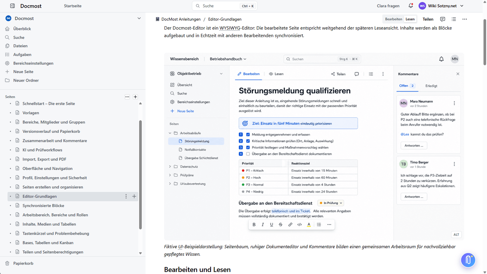 Docmost: Seitenbaum links, rechts eine Anleitung mit Checkliste, Prioritätentabelle und Kommentaren