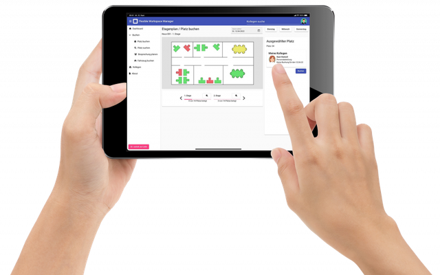 Flexi Workspace auf dem Tablet: Etagenplan mit freien und belegten Arbeitsplätzen