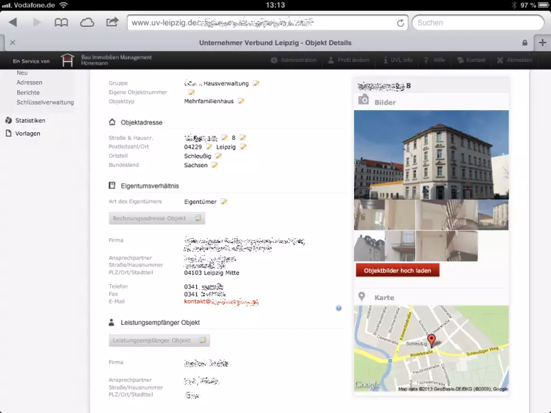 Objektdetails mit Adresse, Eigentumsverhältnis und Fotos auf dem Tablet