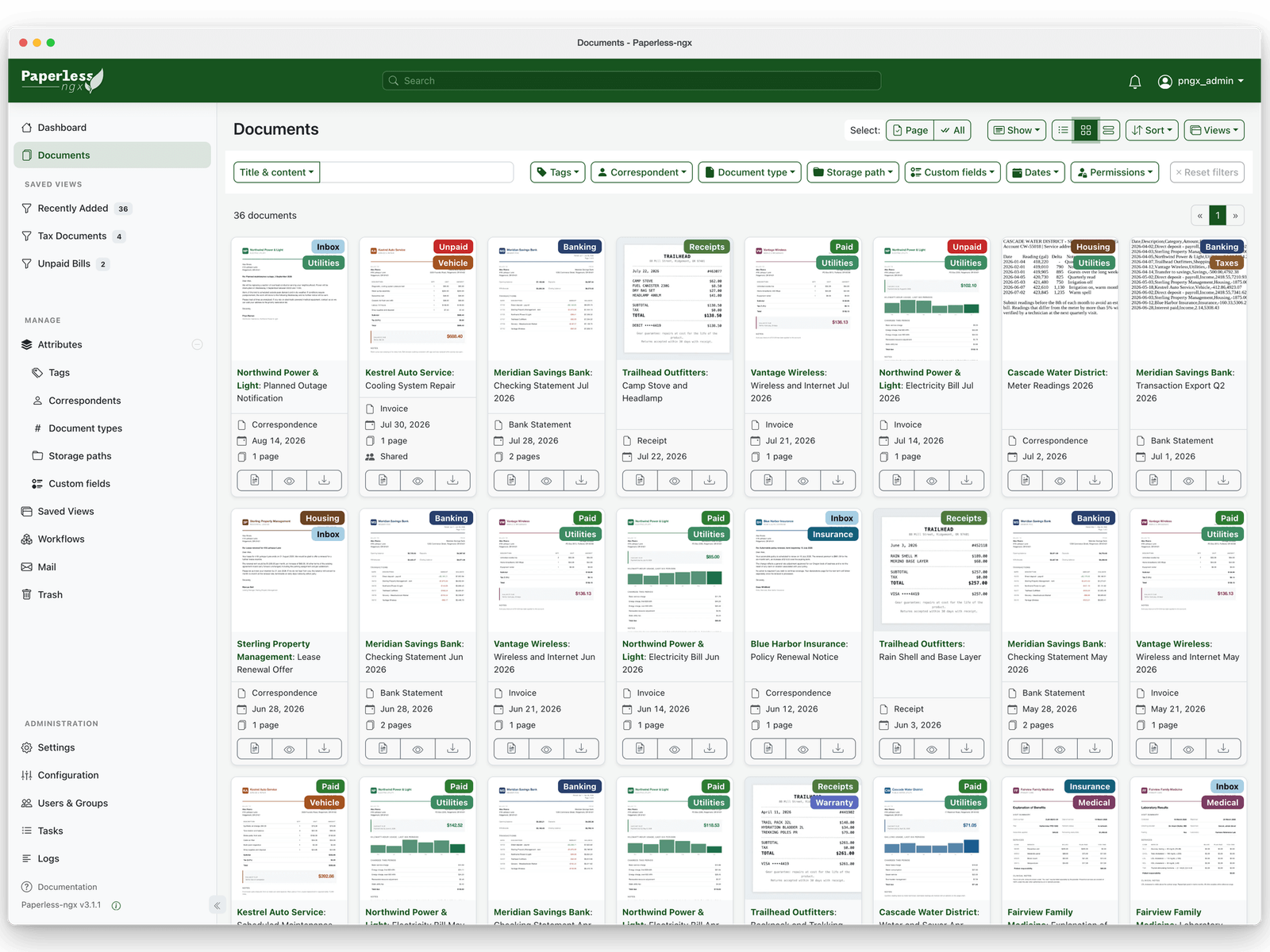 paperless-ngx: Dokumentenliste als Kacheln mit Vorschau, Schlagworten, Dokumenttyp und Datum
