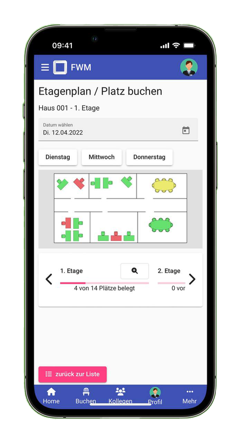 Flexi Workspace als App auf dem Smartphone: Etagenplan mit Platzstatus in Grün, Gelb und Rot