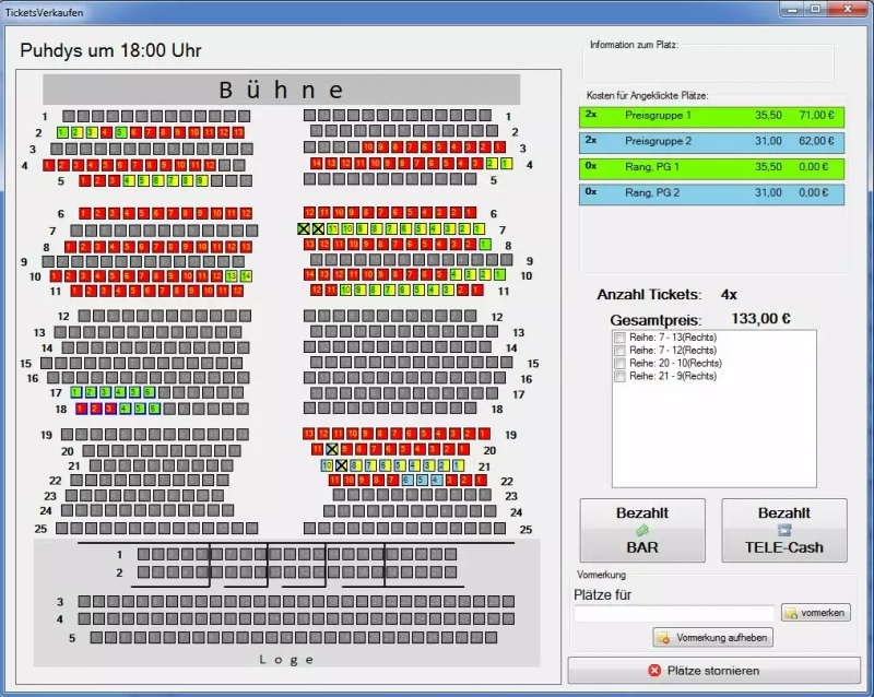 Ticketverkauf mit ausgewählten Plätzen, Preiskategorien und Gesamtpreis