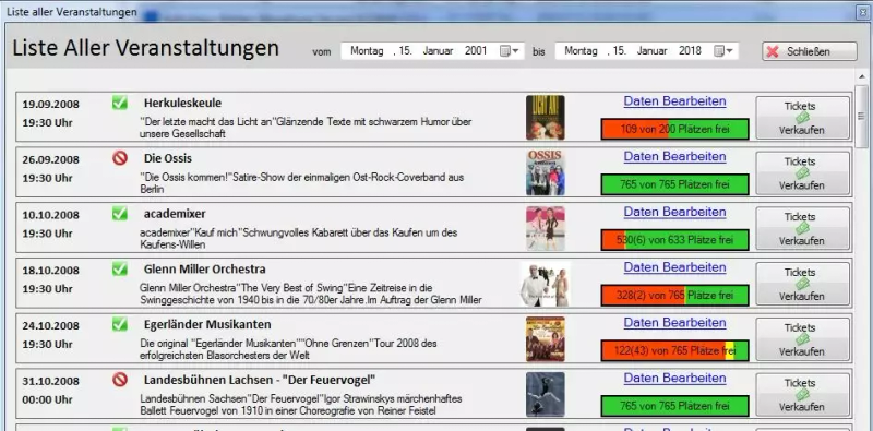 Liste aller Veranstaltungen mit Datum, Beschreibung und Anzahl freier Plätze